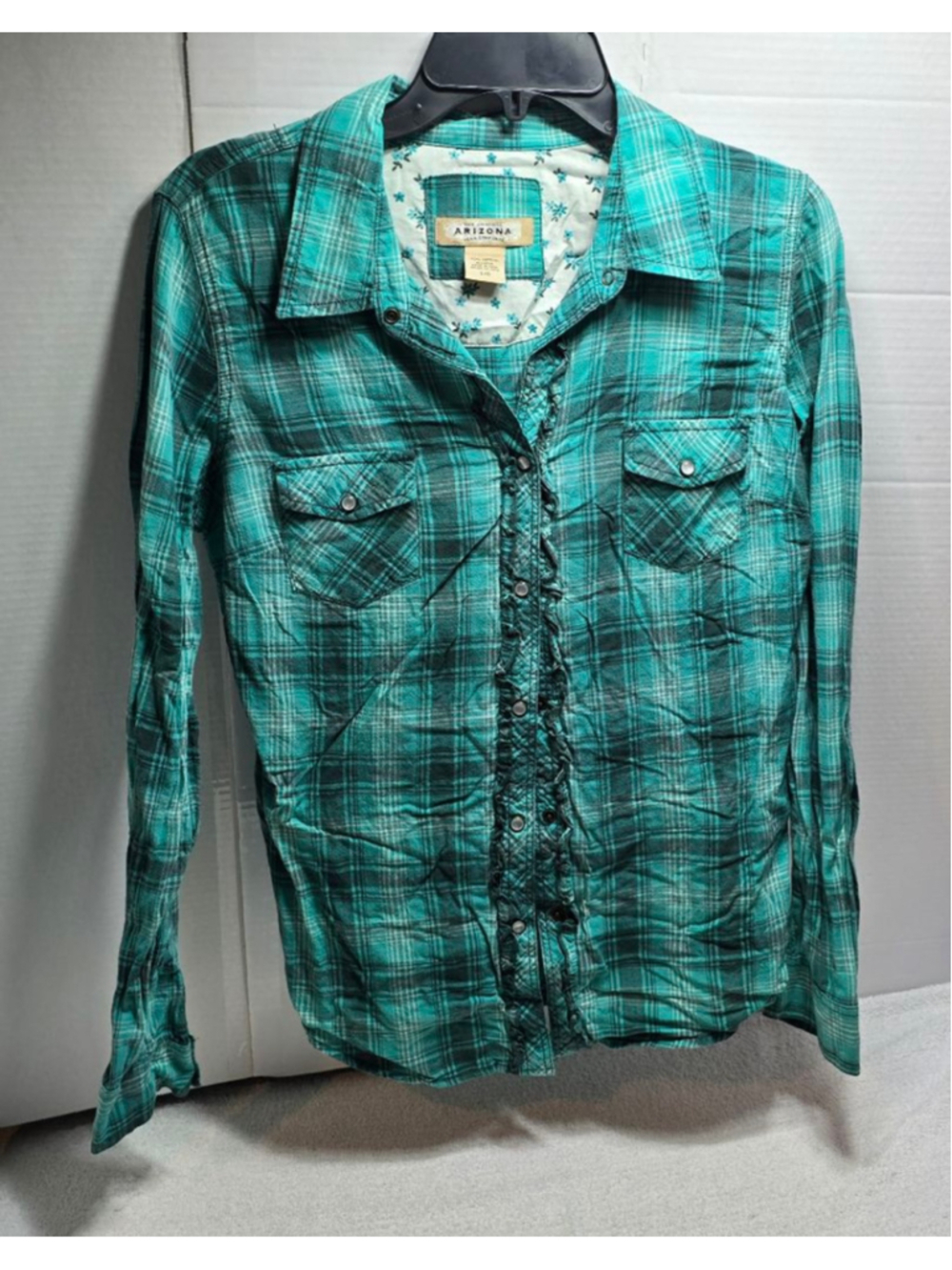 Juniors Arizona Plaid Button Down Shirt L Teal Black